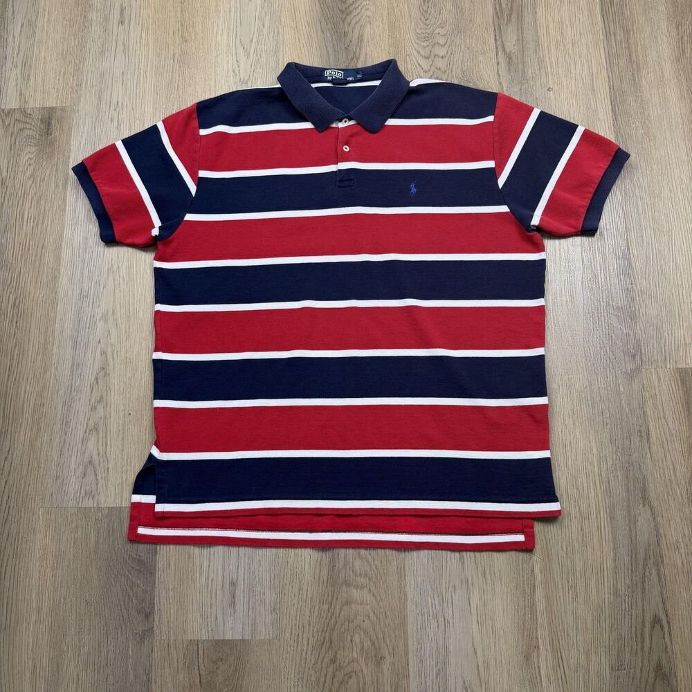Polo By Ralph Lauren Polo Shirt Mens XL Red Navy Stripe Short Sleeve Pony Logo